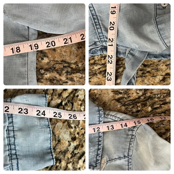 Womens Blank NYC Chambray Light Blue Embroidered,Distressed Crop Blouse L Boho - Picture 6 of 11